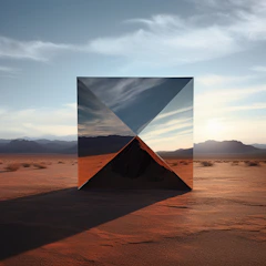 Mirrored cube reflecting desert landscape at sunset