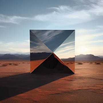 Mirrored cube reflecting desert landscape at sunset