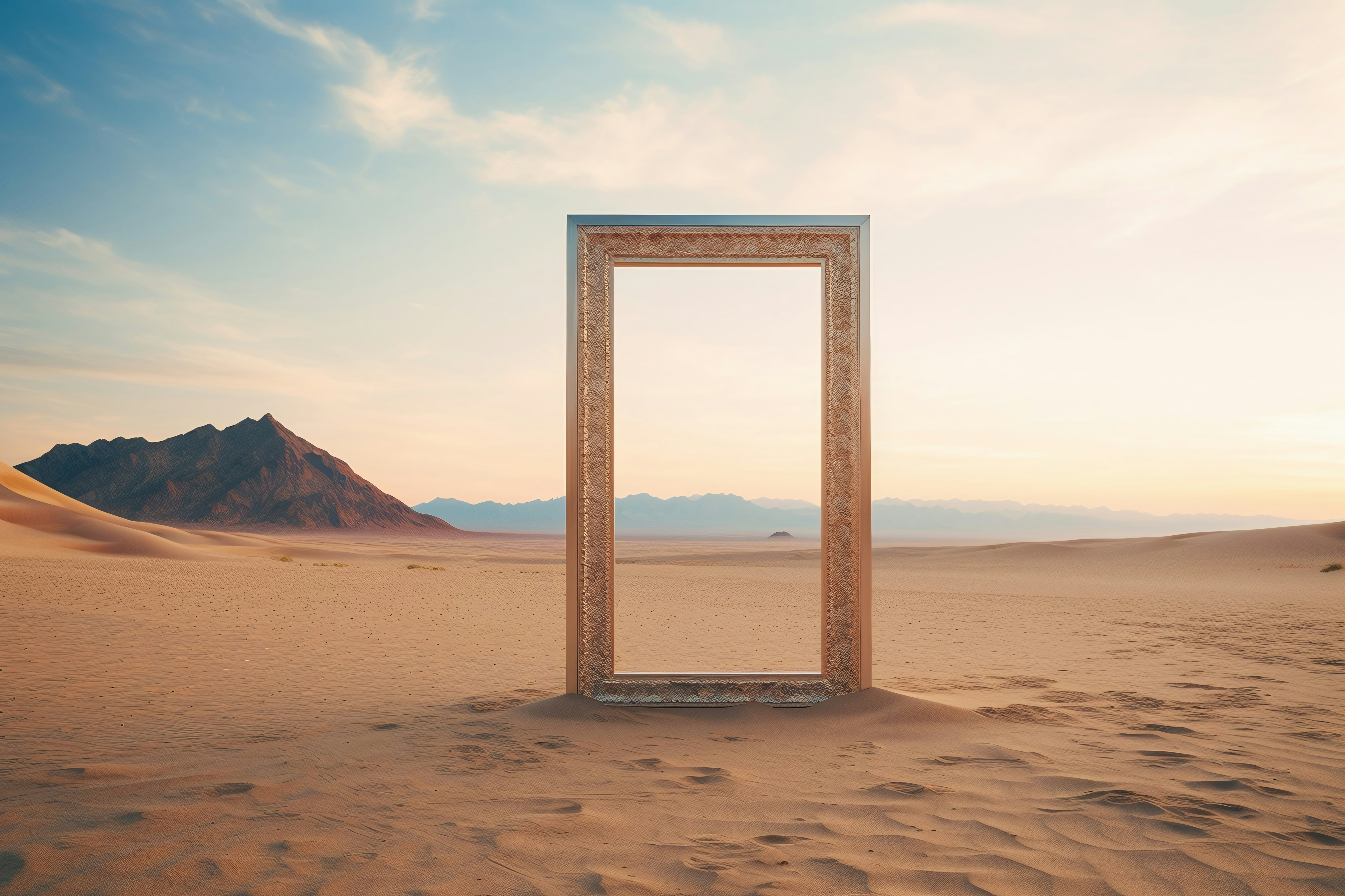 Doorway in desert landscape at sunset