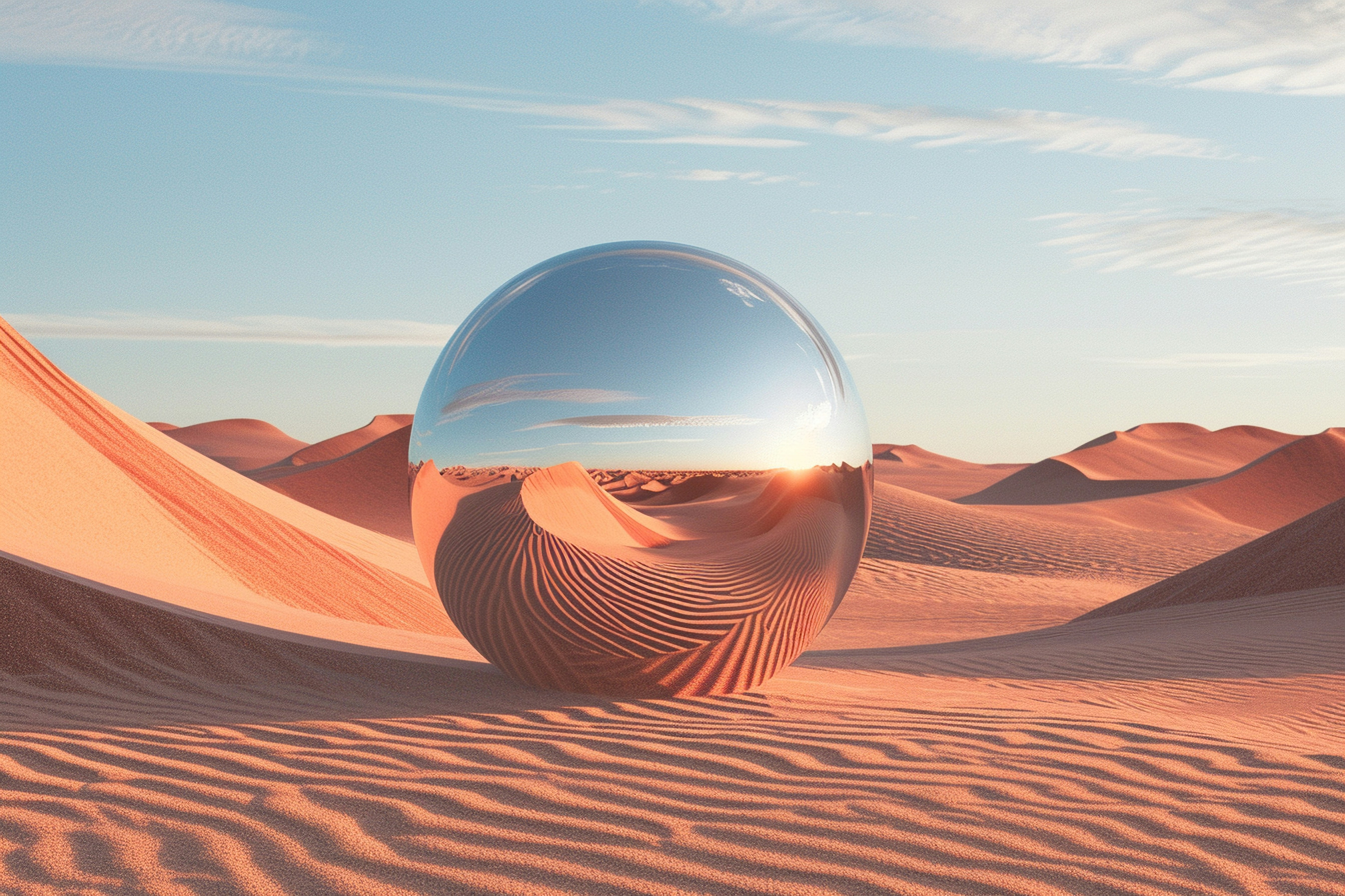 Reflective sphere in a desert landscape at sunset