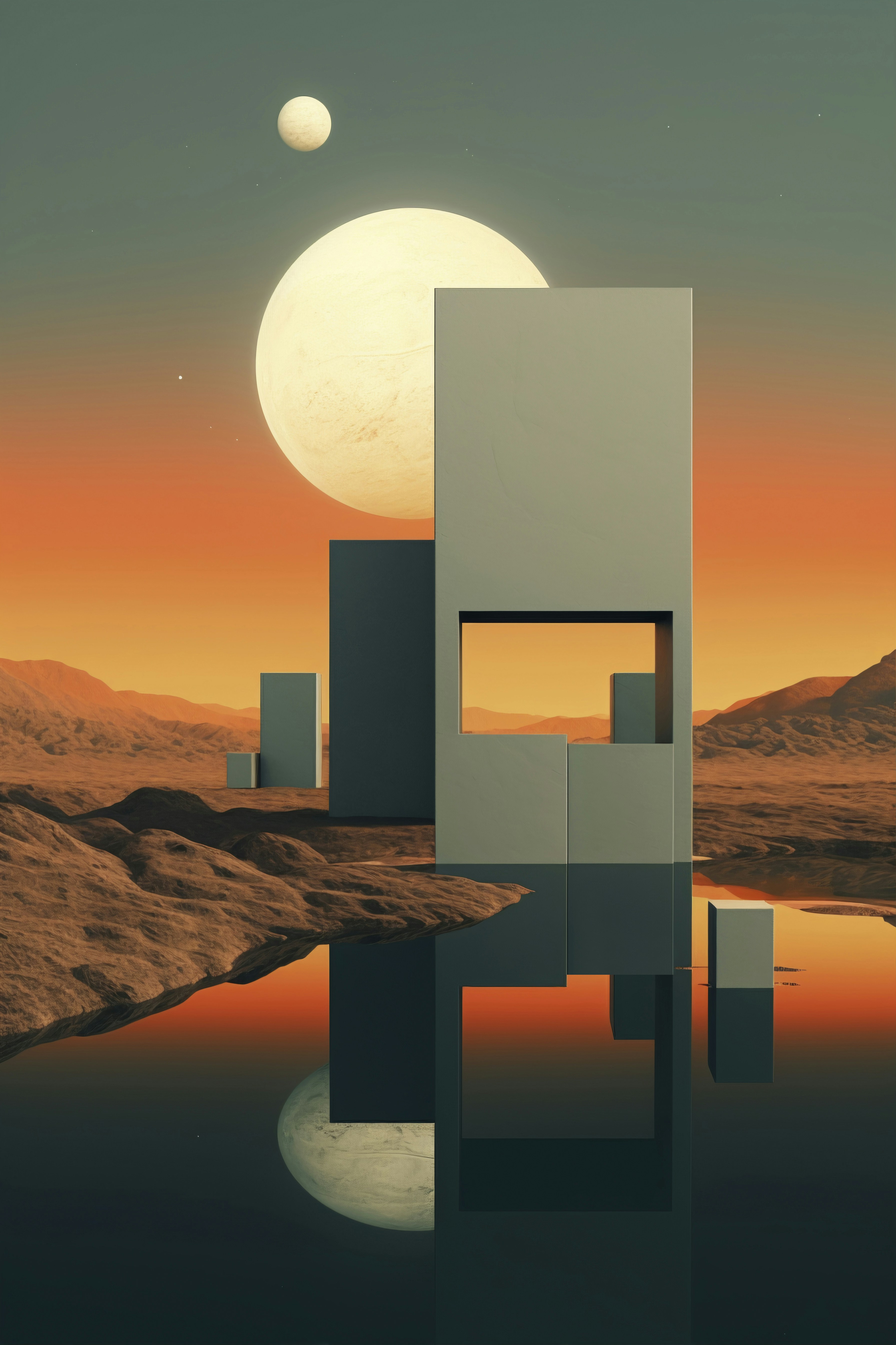 Abstract geometric structures reflected in water at sunset