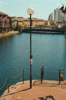 Waterway with buildings and a lamppost