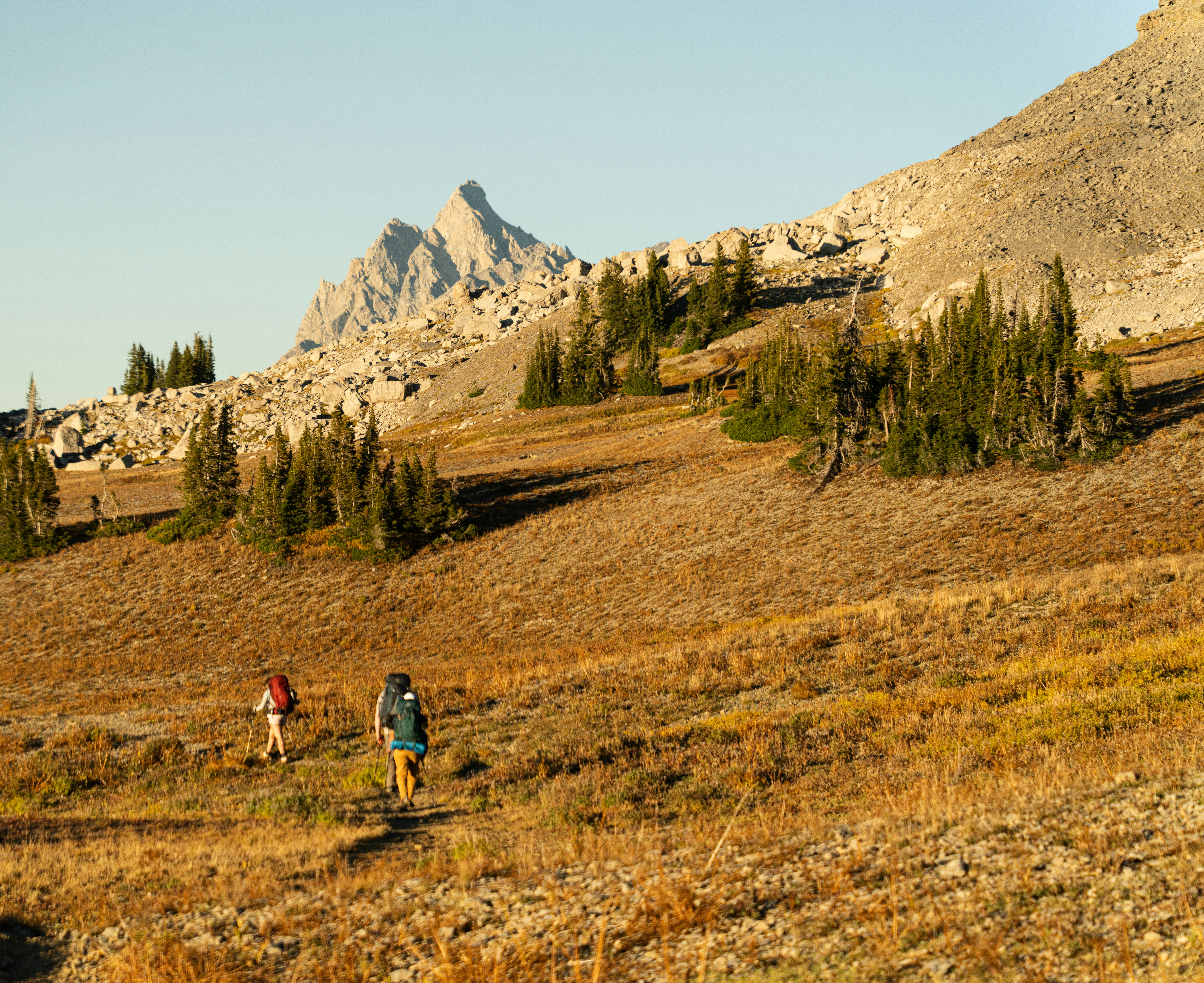 Two hikers walk across a dry, grassy mountain slope.