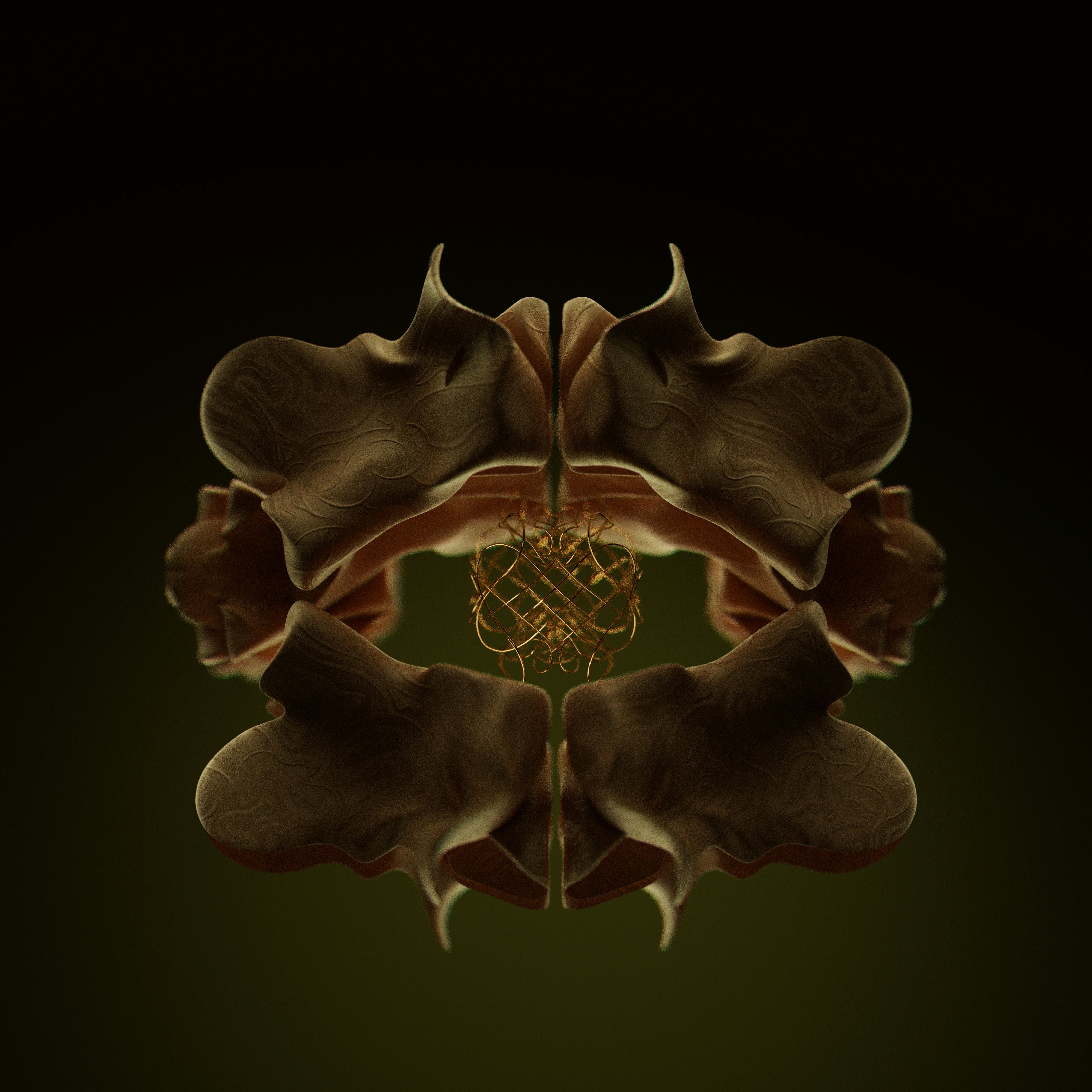 Symmetrical abstract organic form with golden center