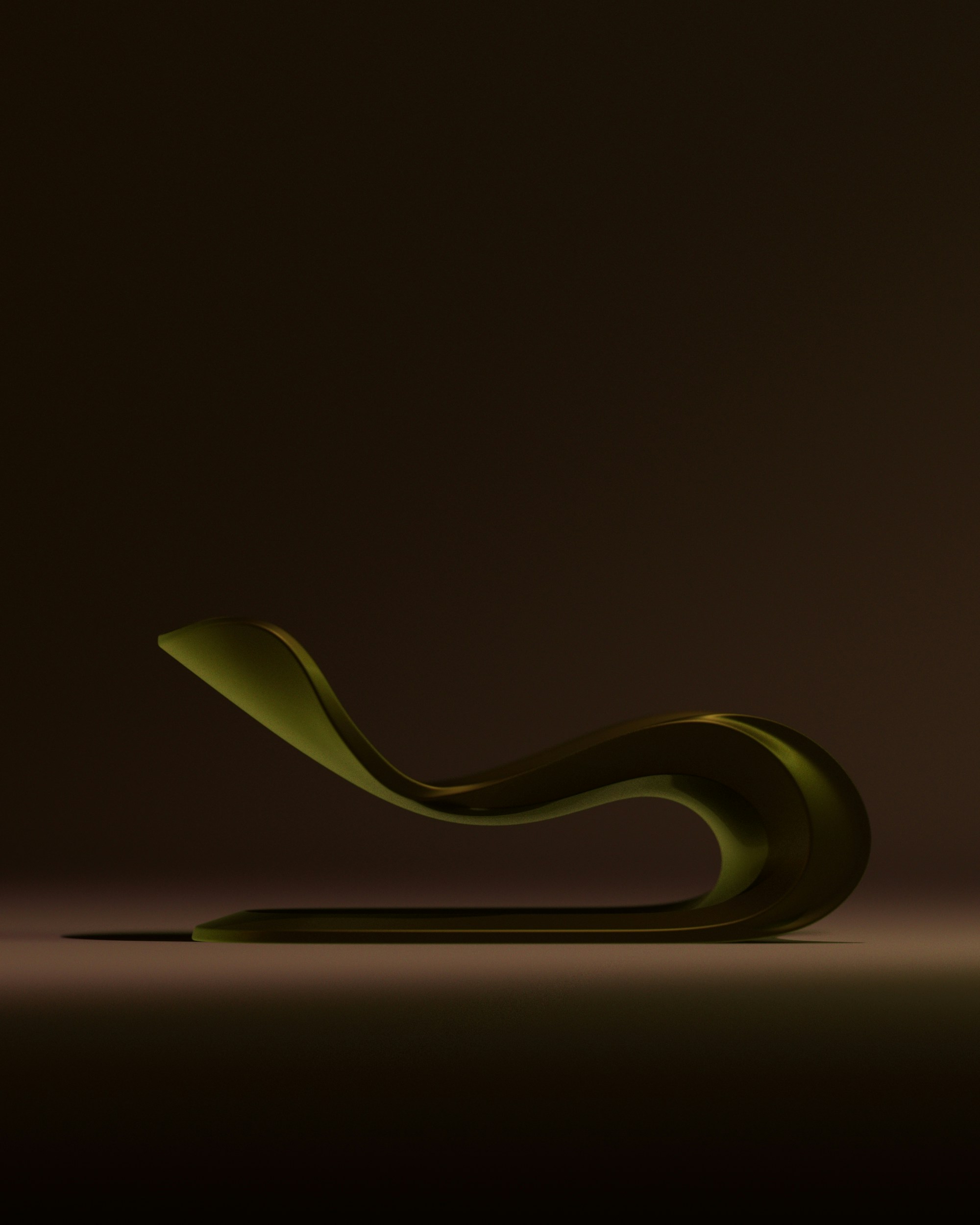 A modern, curved chaise lounge on a dark background.