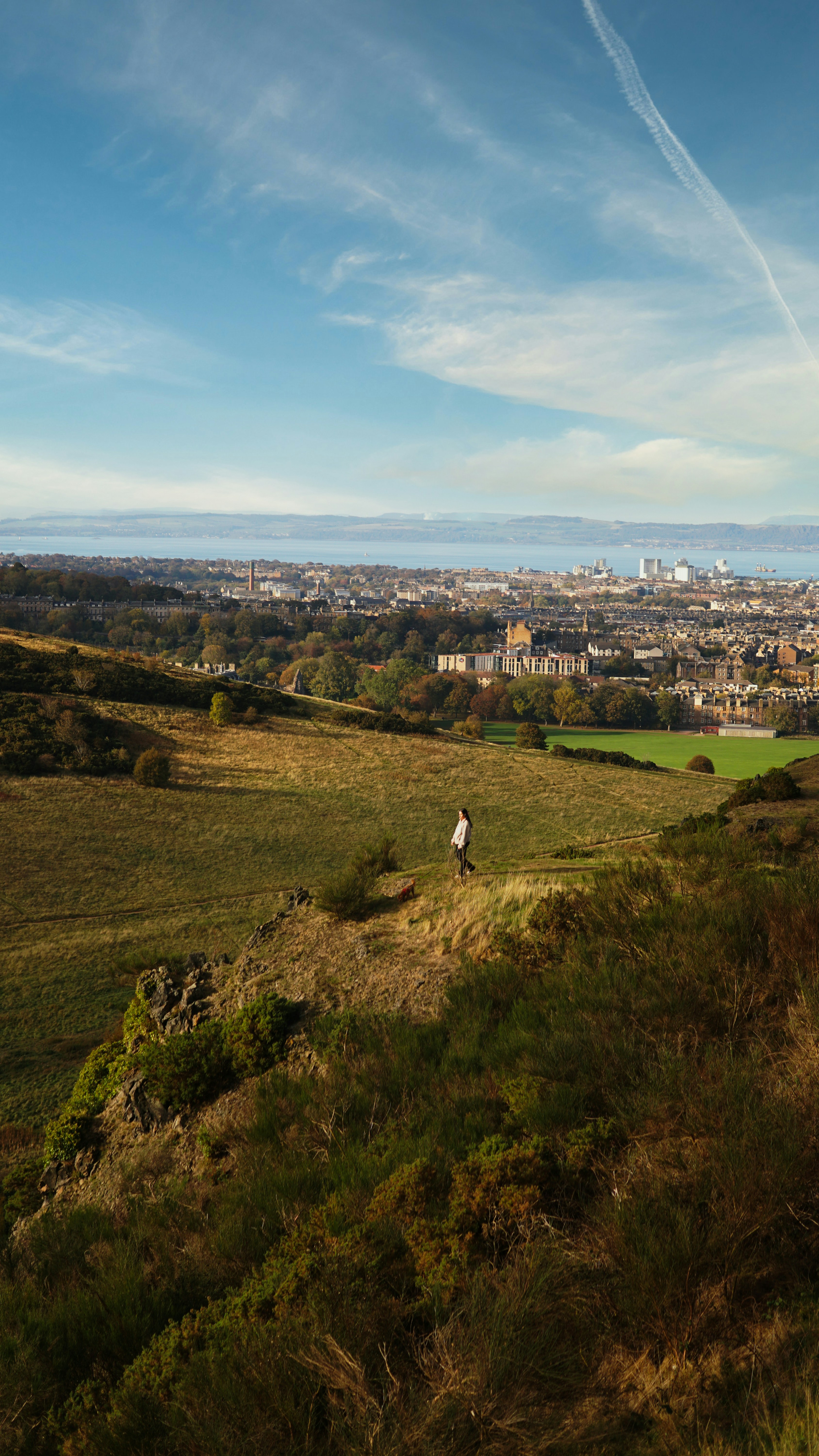 Person walking on a grassy hill overlooking a city