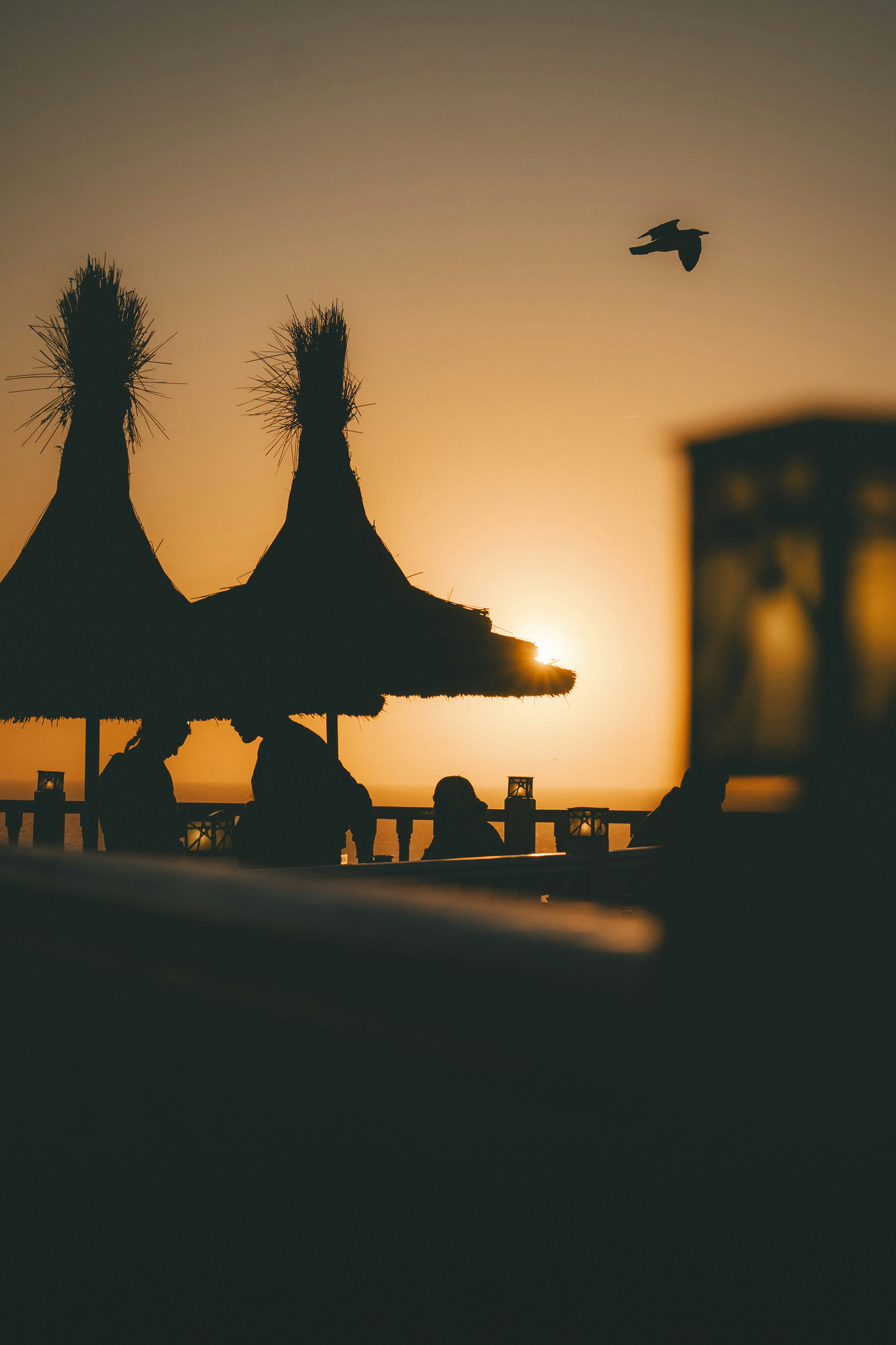 Silhouettes of people under thatched umbrellas at sunset.