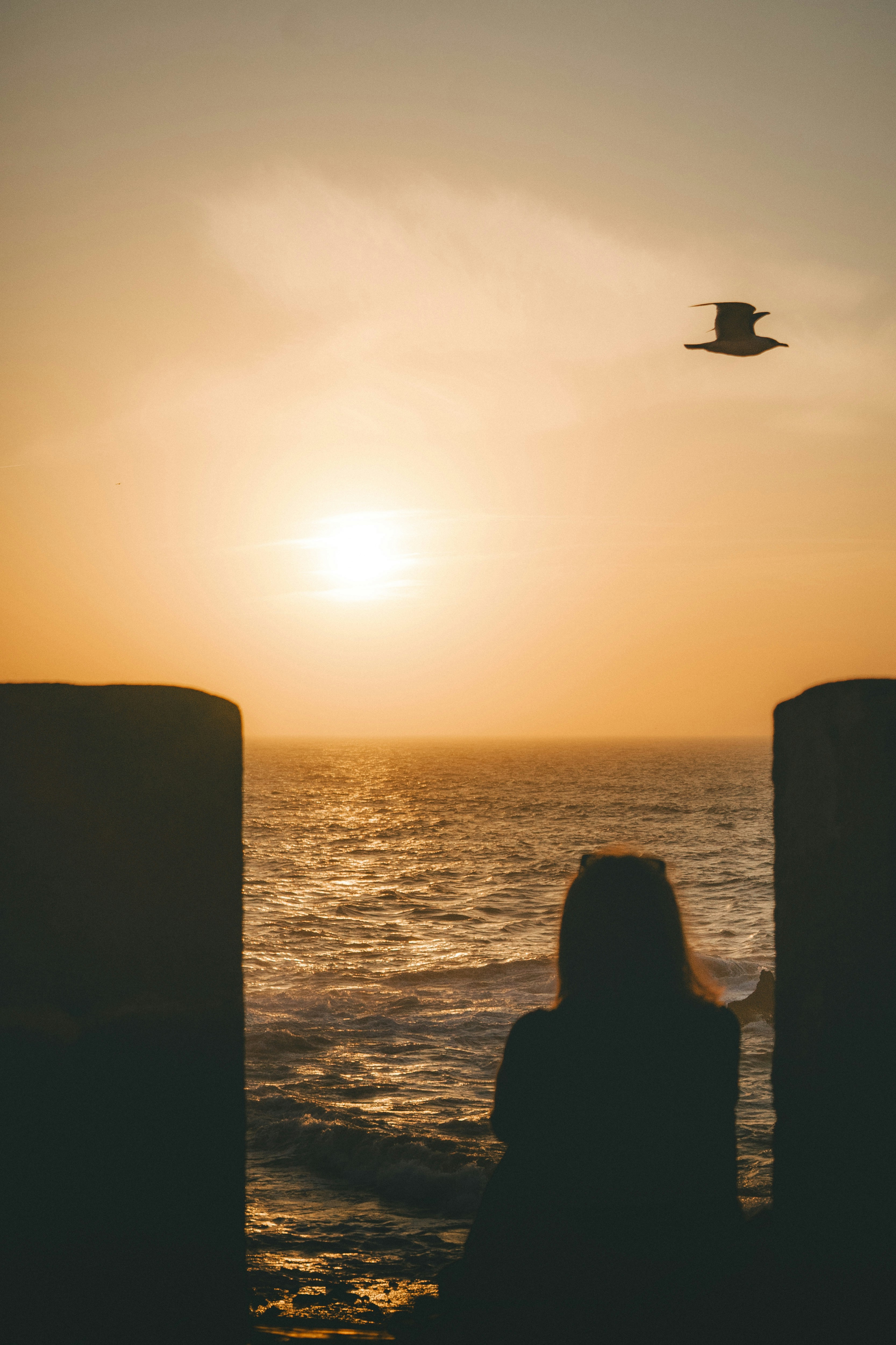Silhouette of a person watching the sunset over the ocean