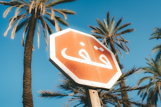 Stop sign with arabic text among palm trees