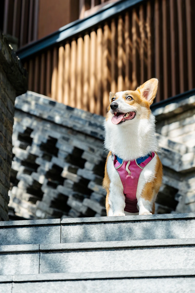 Corgi wearing a harness on steps