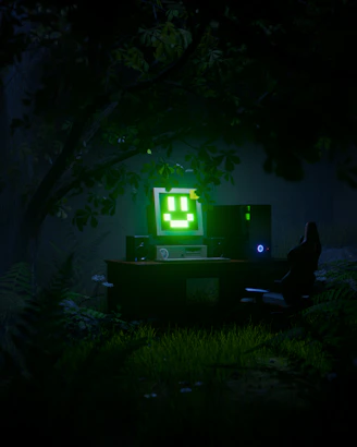 Computer setup with green smiley face in forest