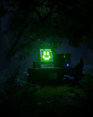 Computer setup with green smiley face in forest