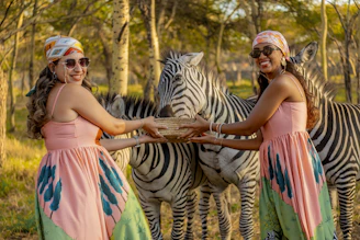 Two women in matching dresses feed zebras