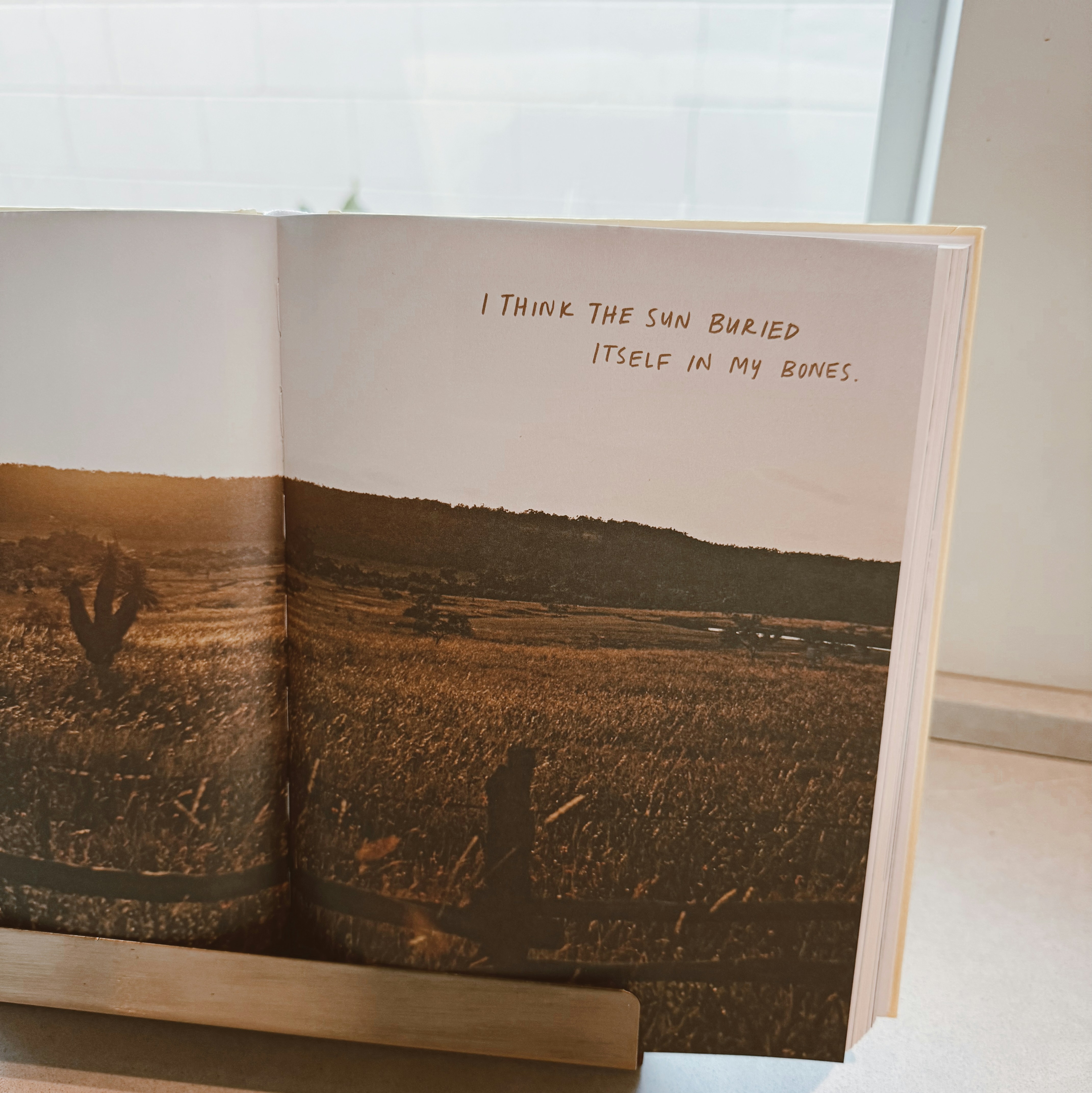 Open book with landscape and text