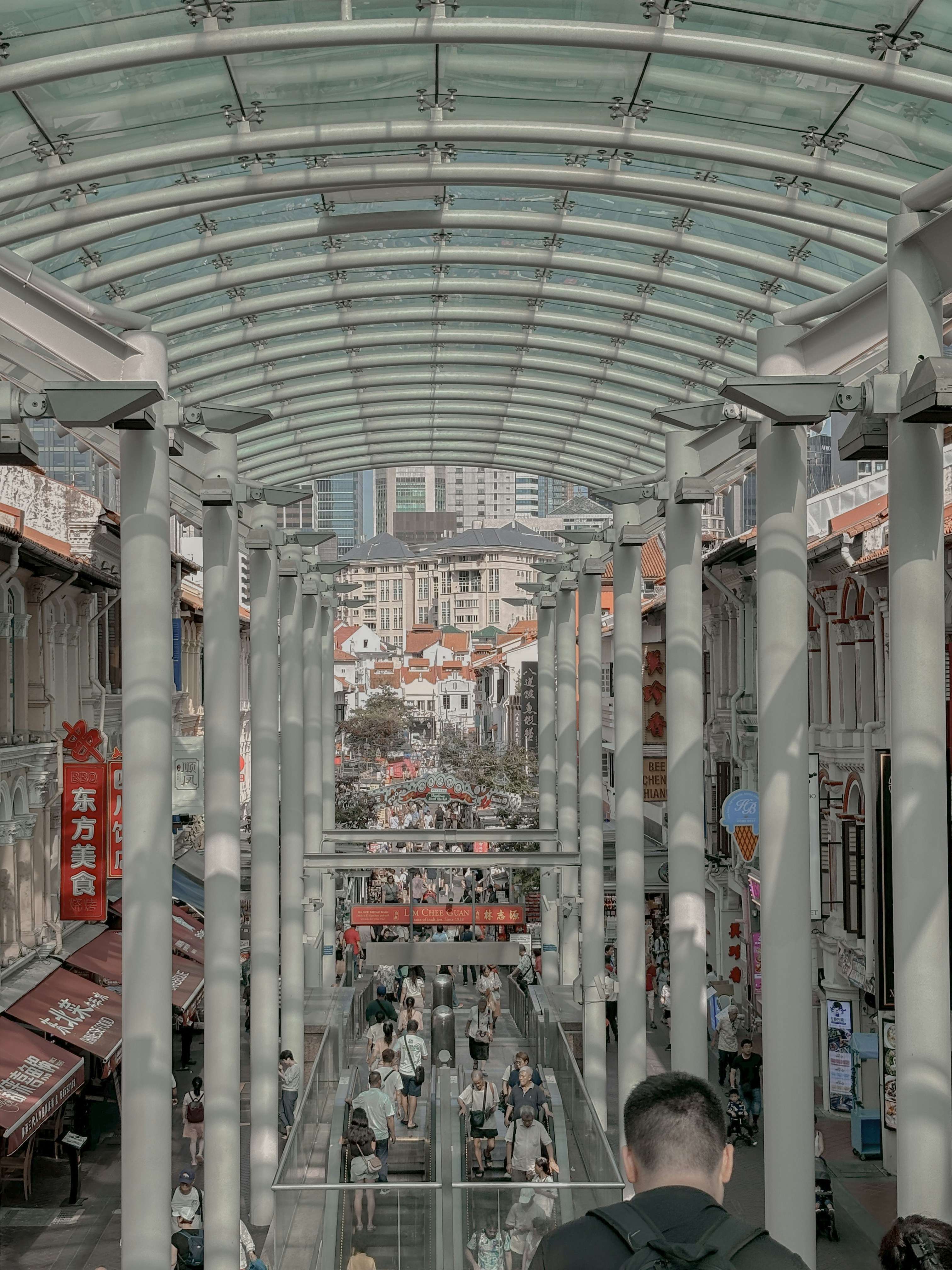 People on an escalator under a glass canopy