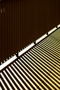 Sunlight casts striped shadows on a wall.