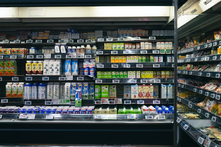 Consumer carefully examining food packaging labels in supermarket
