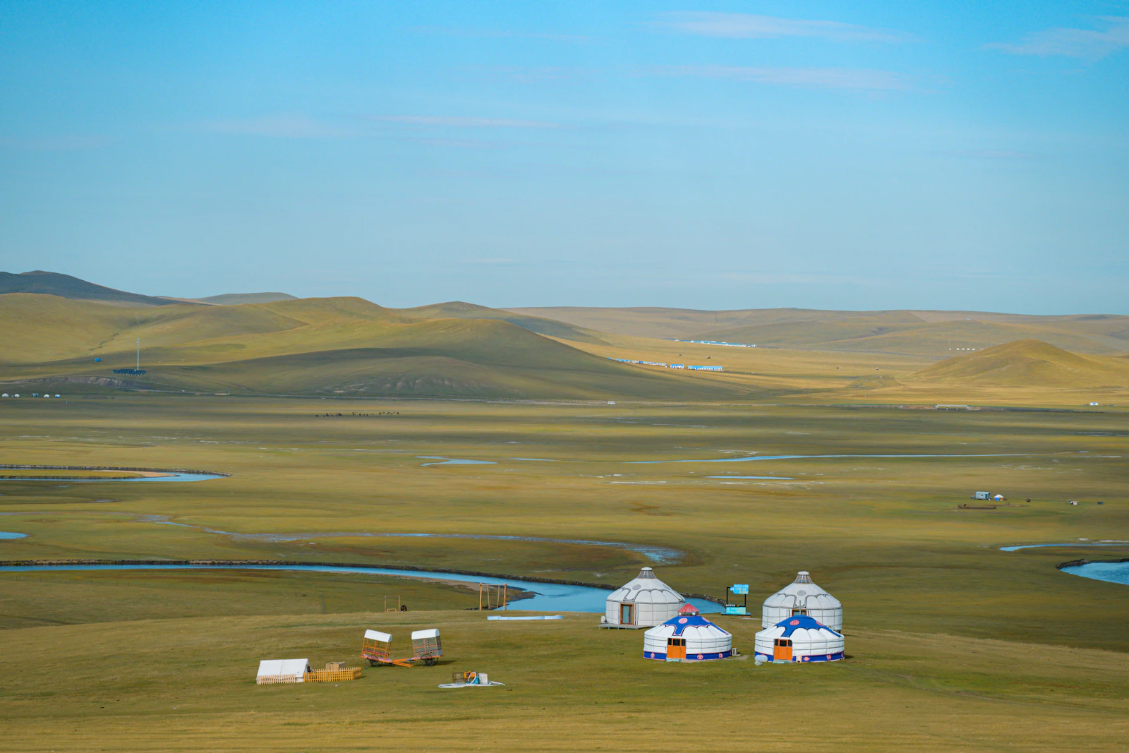 Gers beside a winding river in a wide Mongolian valley