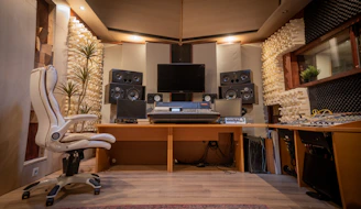 A professional recording studio with soundproofing and equipment