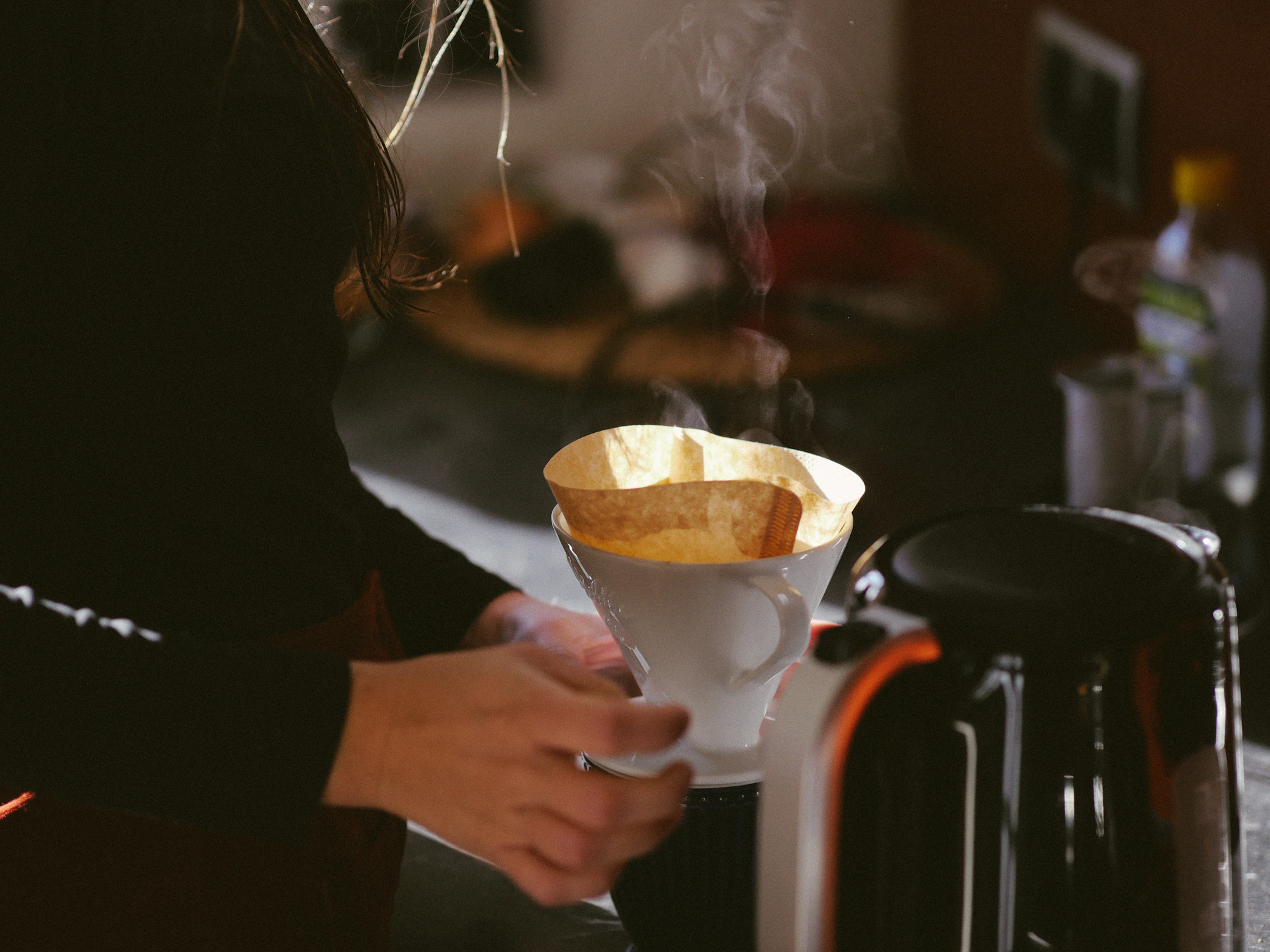 Steam rising from freshly brewed coffee