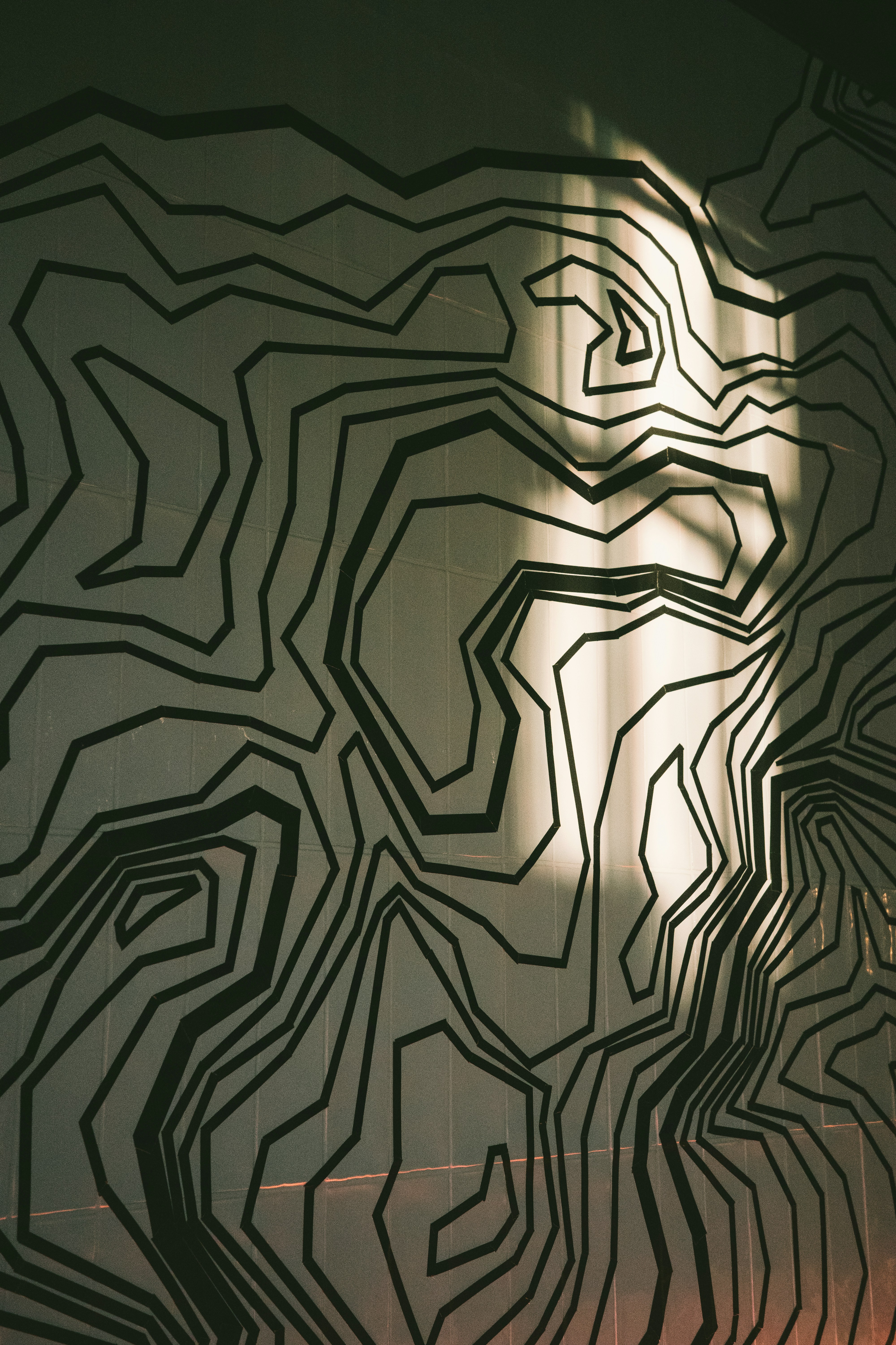 Black abstract lines on a white wall with light.