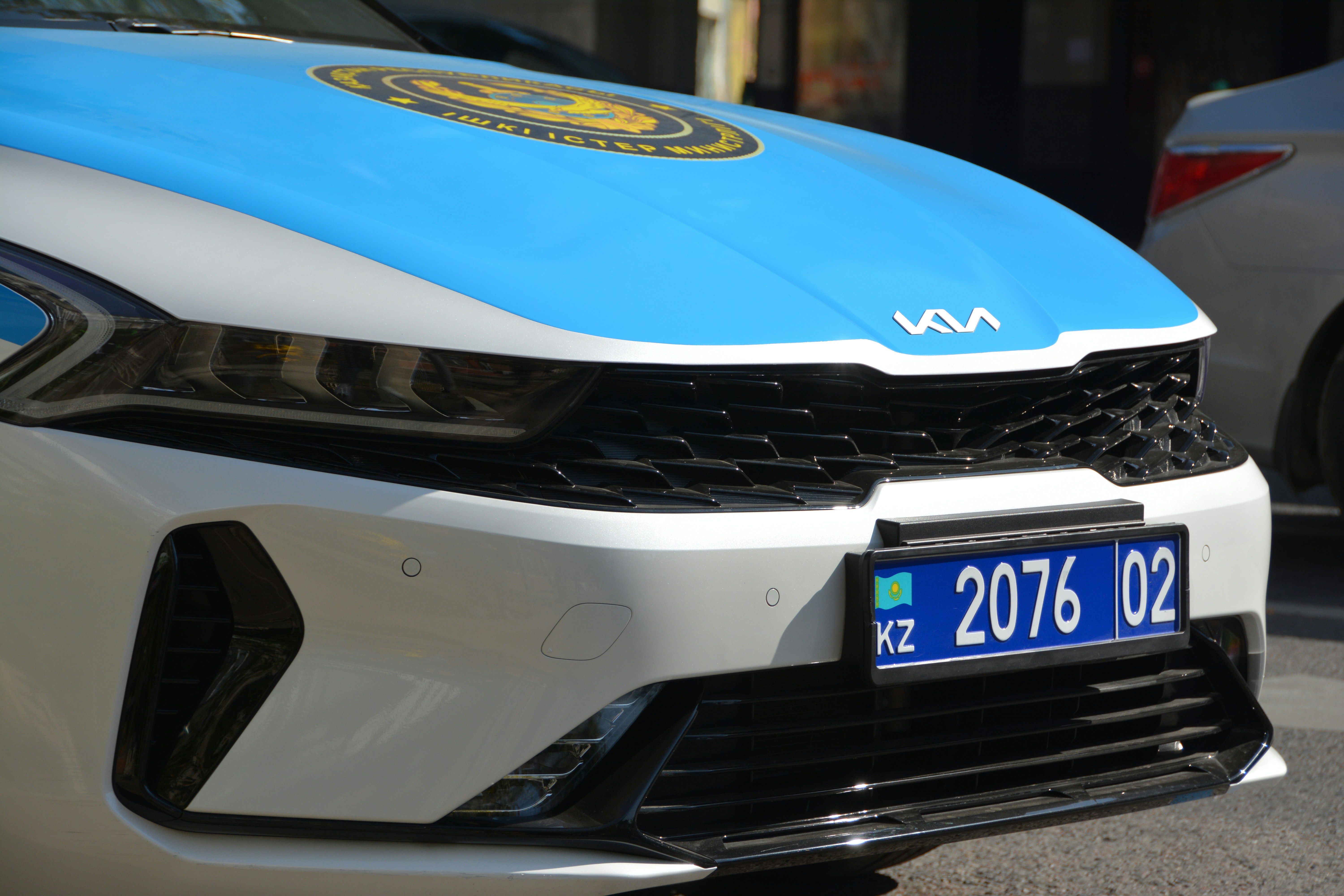 White and blue police car with license plate