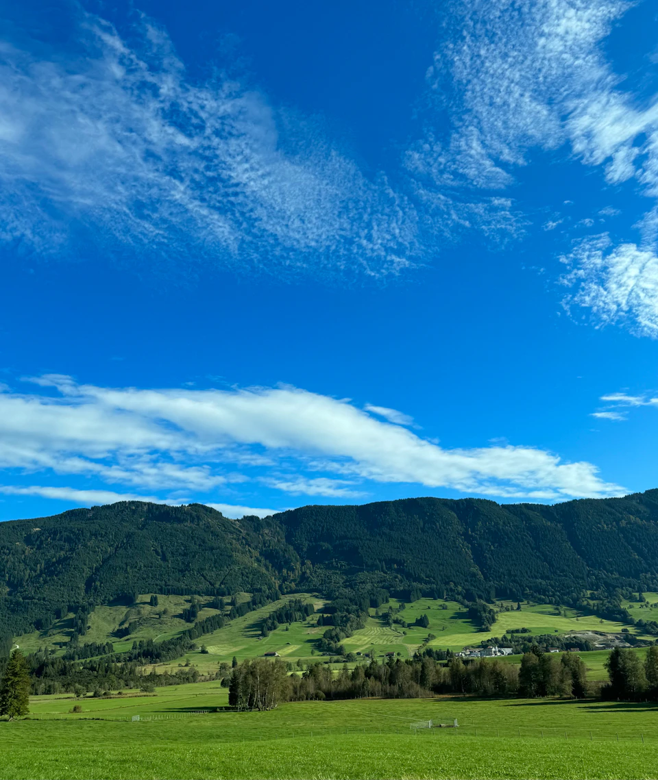 Serene landscape features lush green field, rolling hills, and towering mountain range in distance