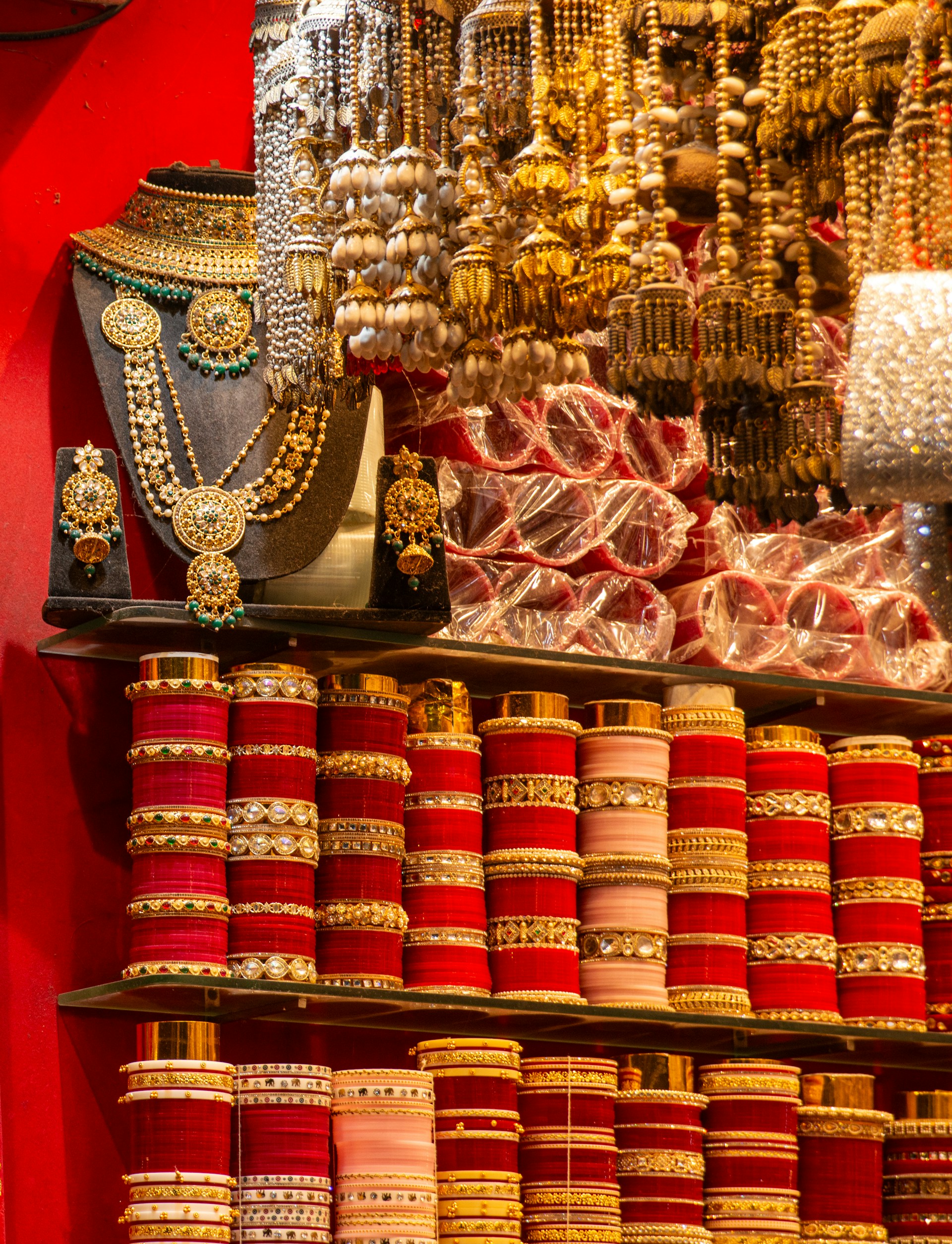 Display of indian bangles and jewelry for sale.