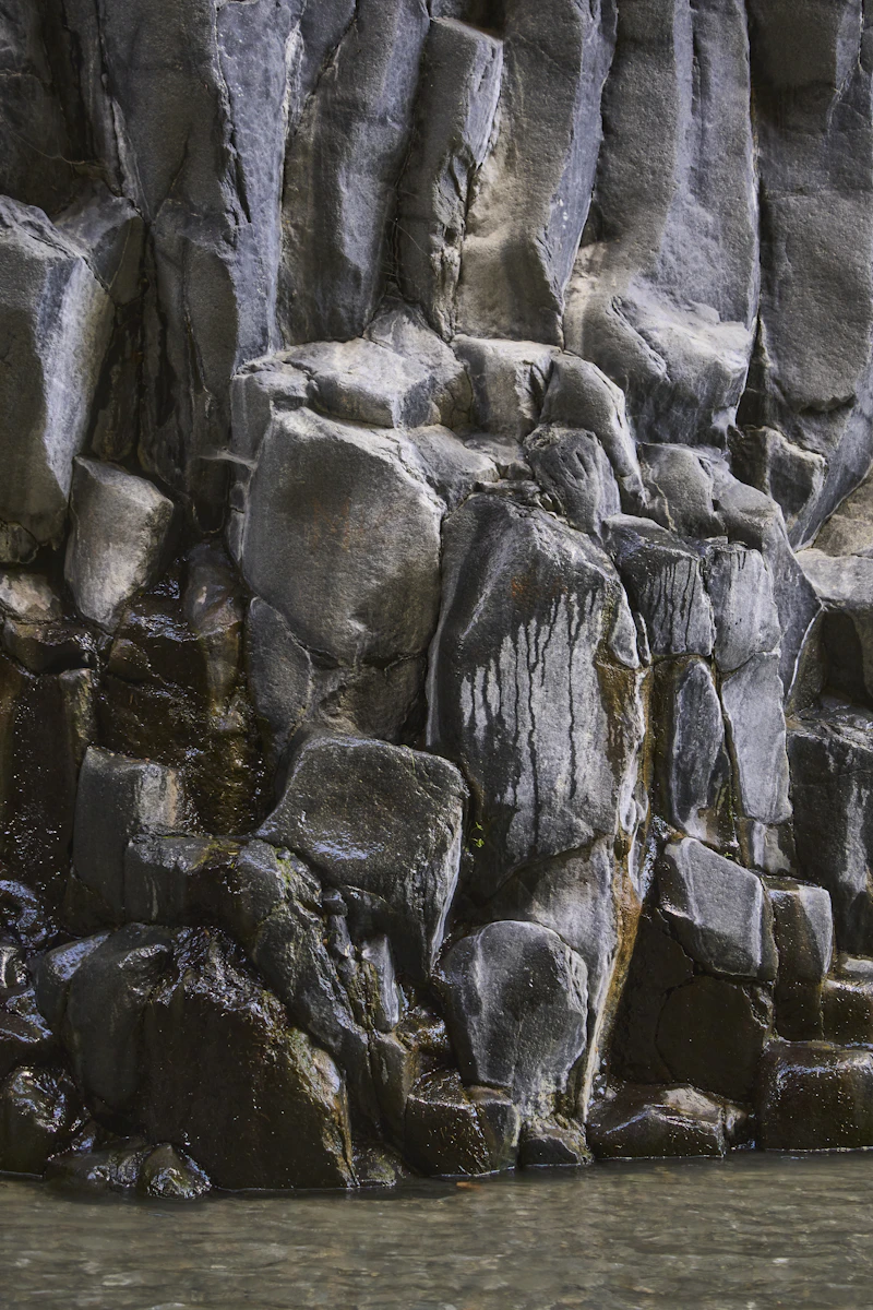 Close-up of dark basalt rock formations