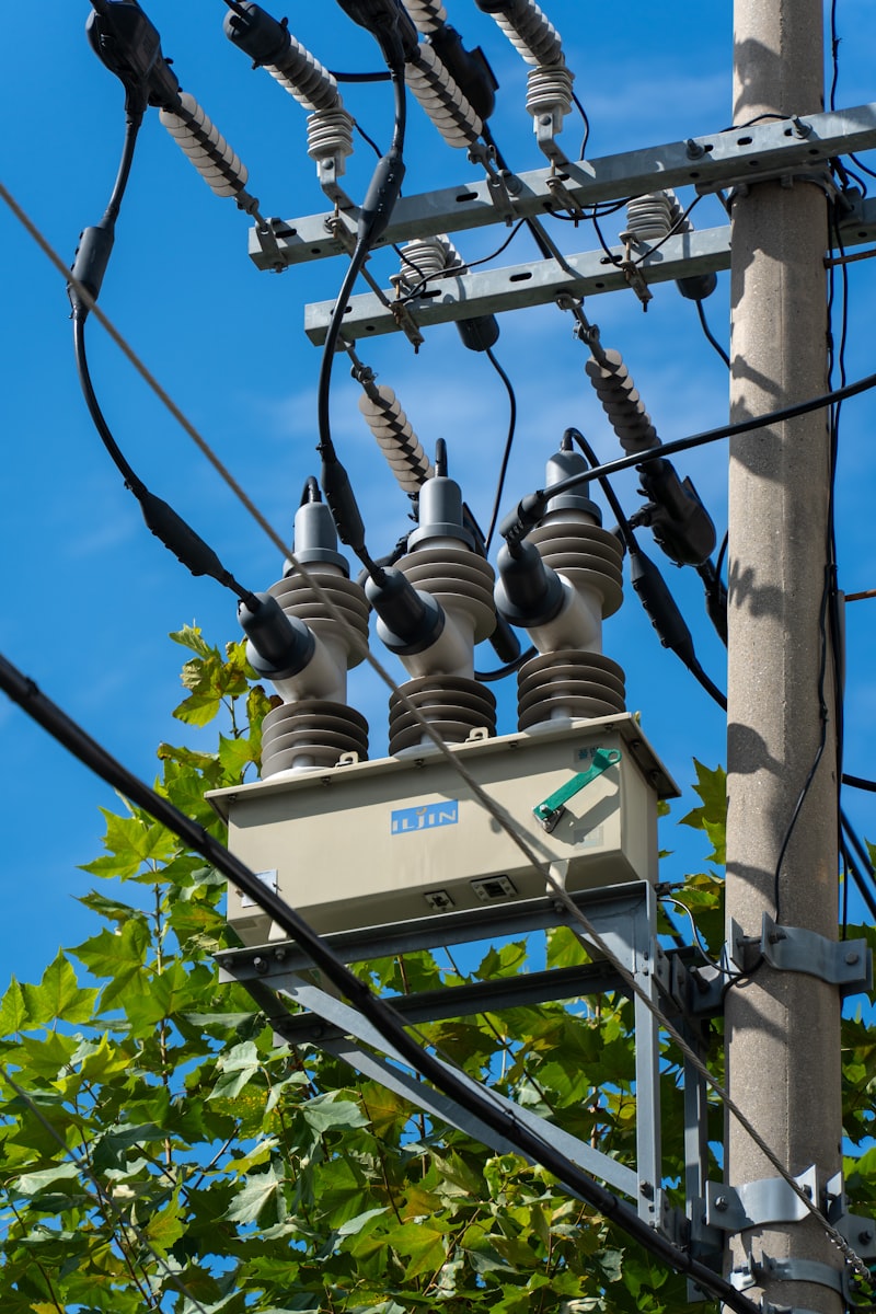 Trasformatore elettrico su palo con cablaggi