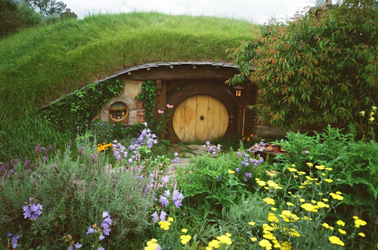 Hobbit house entrance with round wooden door and garden.