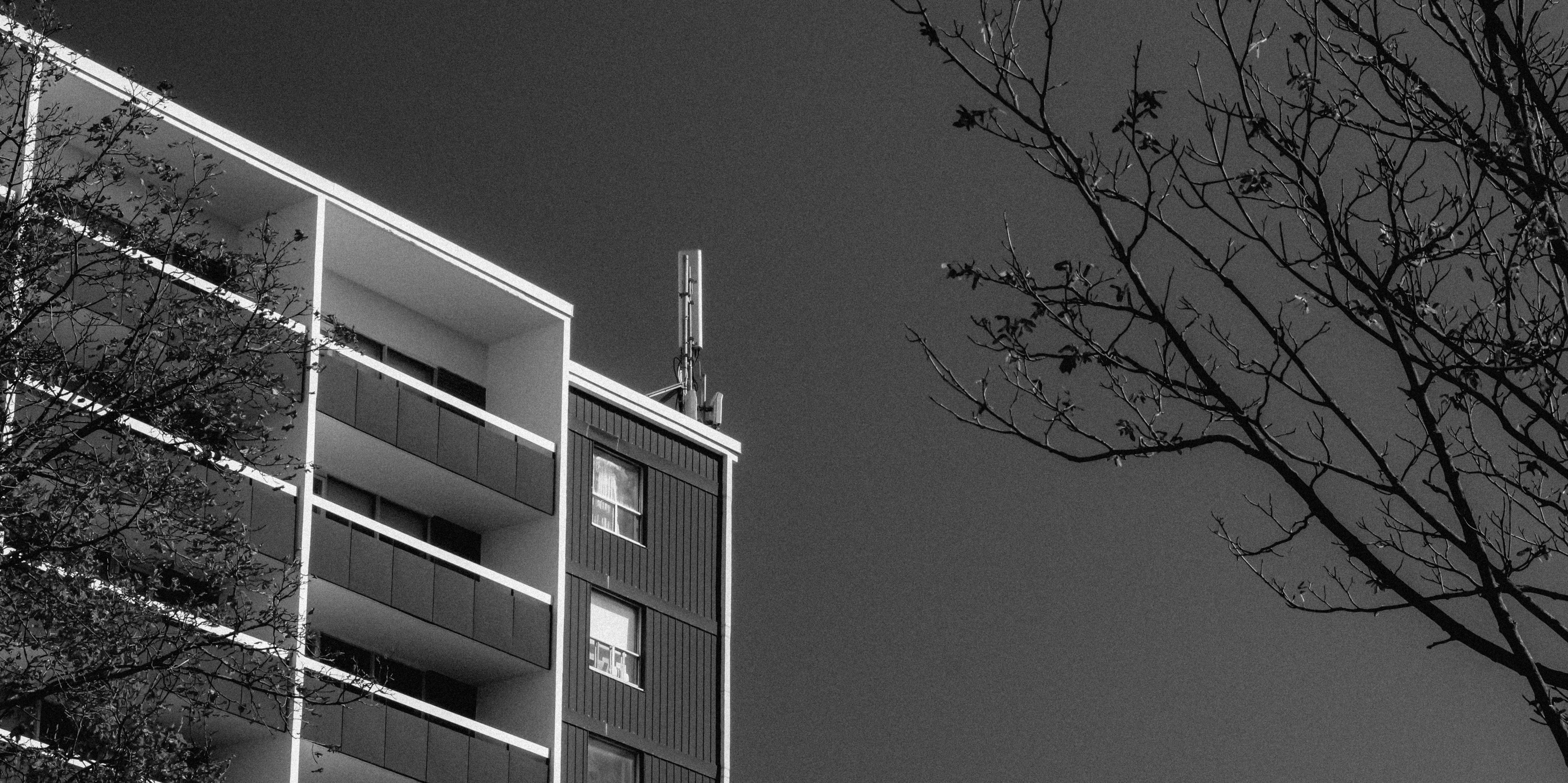 Modern apartment building with balconies and bare trees