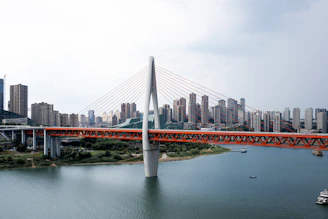 Modern suspension bridge crosses river with city skyline.