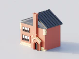 A pink cartoon house with a dark roof.