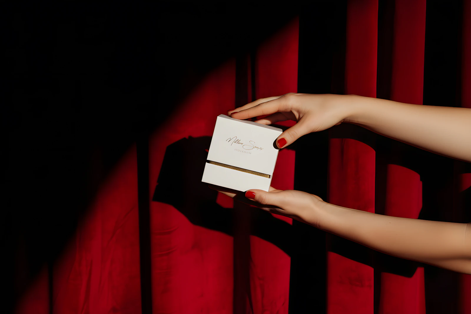 Hands presenting a white birthday gift box with gold trim