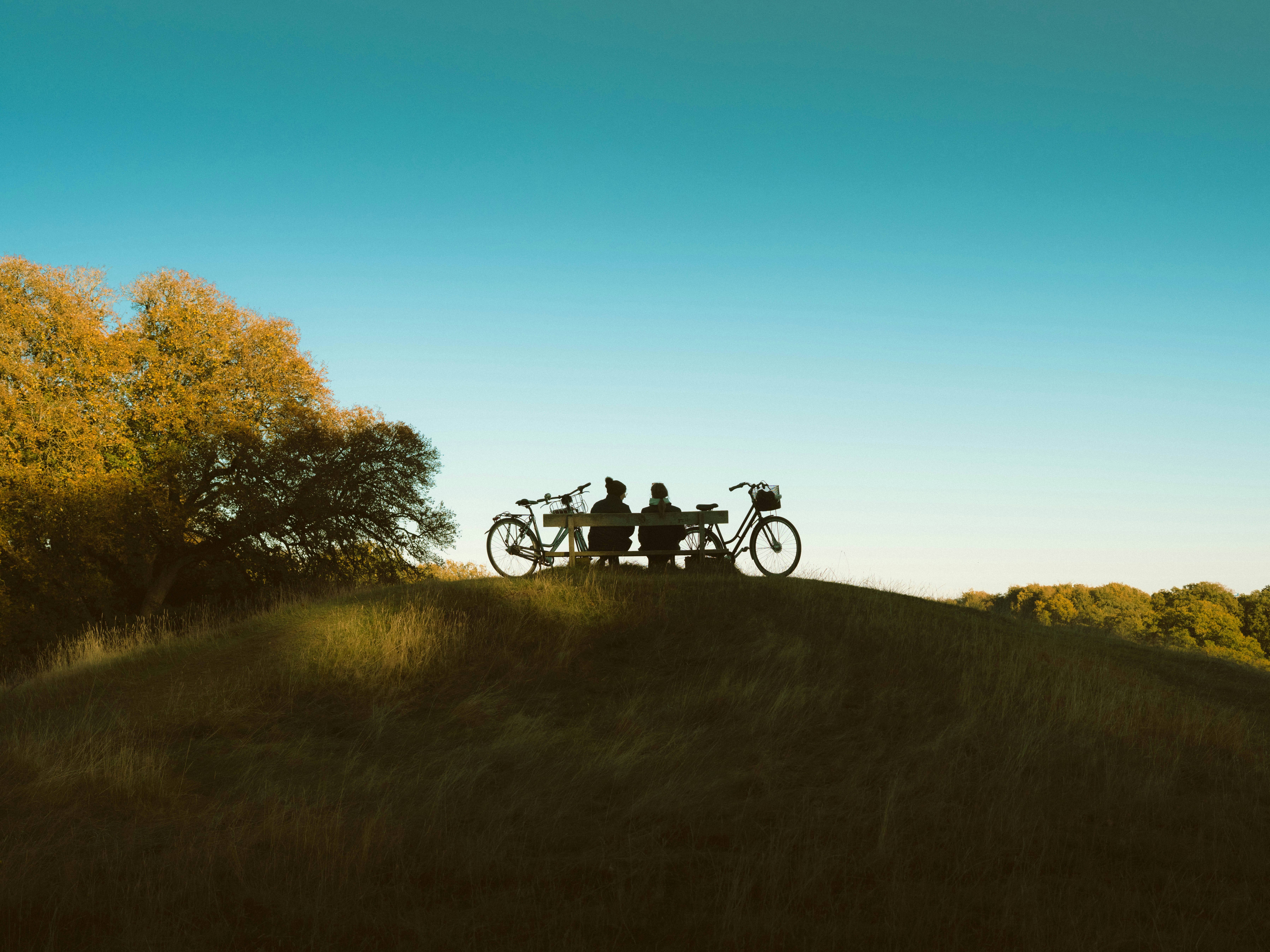 Two people with bicycles on a grassy hill.