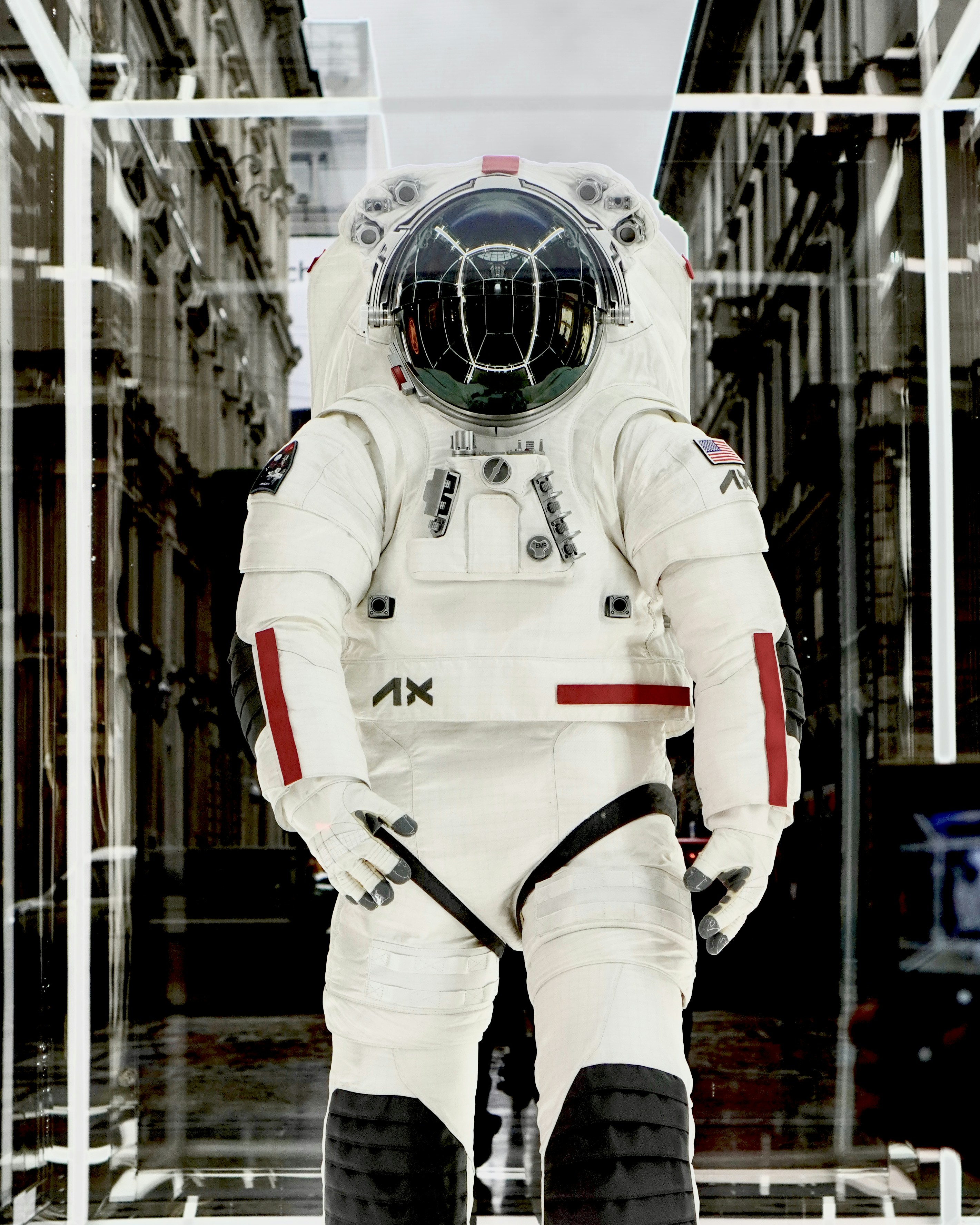 Astronaut suit displayed in a glass enclosure