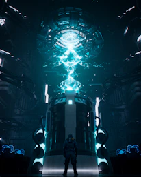 Futuristic chamber with glowing energy beam