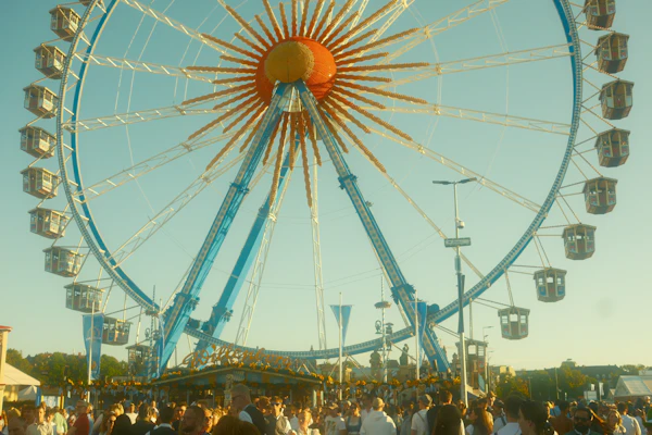Denver festival grounds - Ferris wheel with crowd below on sunny day