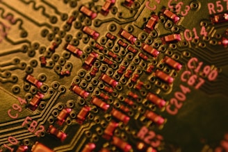 Close-up of a complex electronic circuit board with many components.