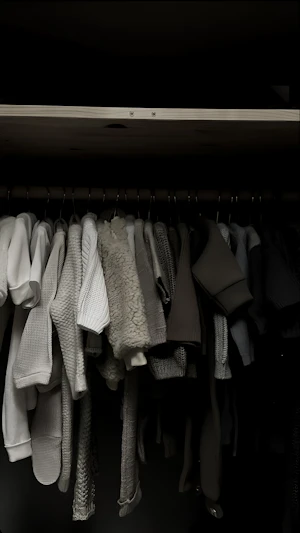 A neatly organized closet with hanging clothes
