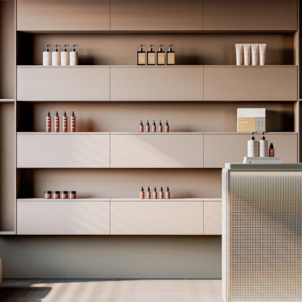 Shelves with skincare products and bottles in a salon.