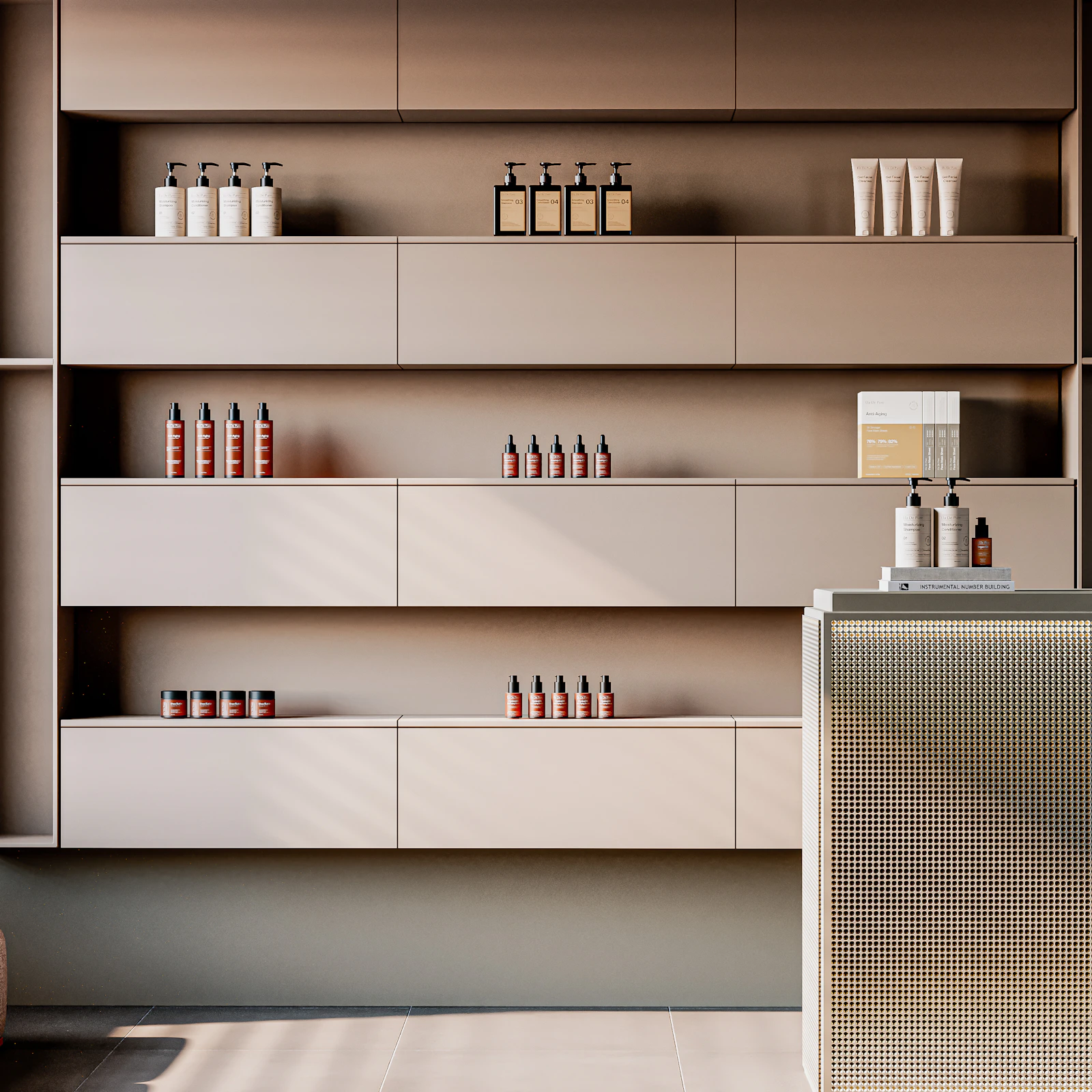 Skincare and haircare product shelves inside the studio