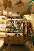 Bohemian shop interior with woven decor and clothing