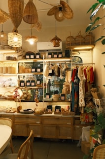 Bohemian shop interior with woven decor and clothing
