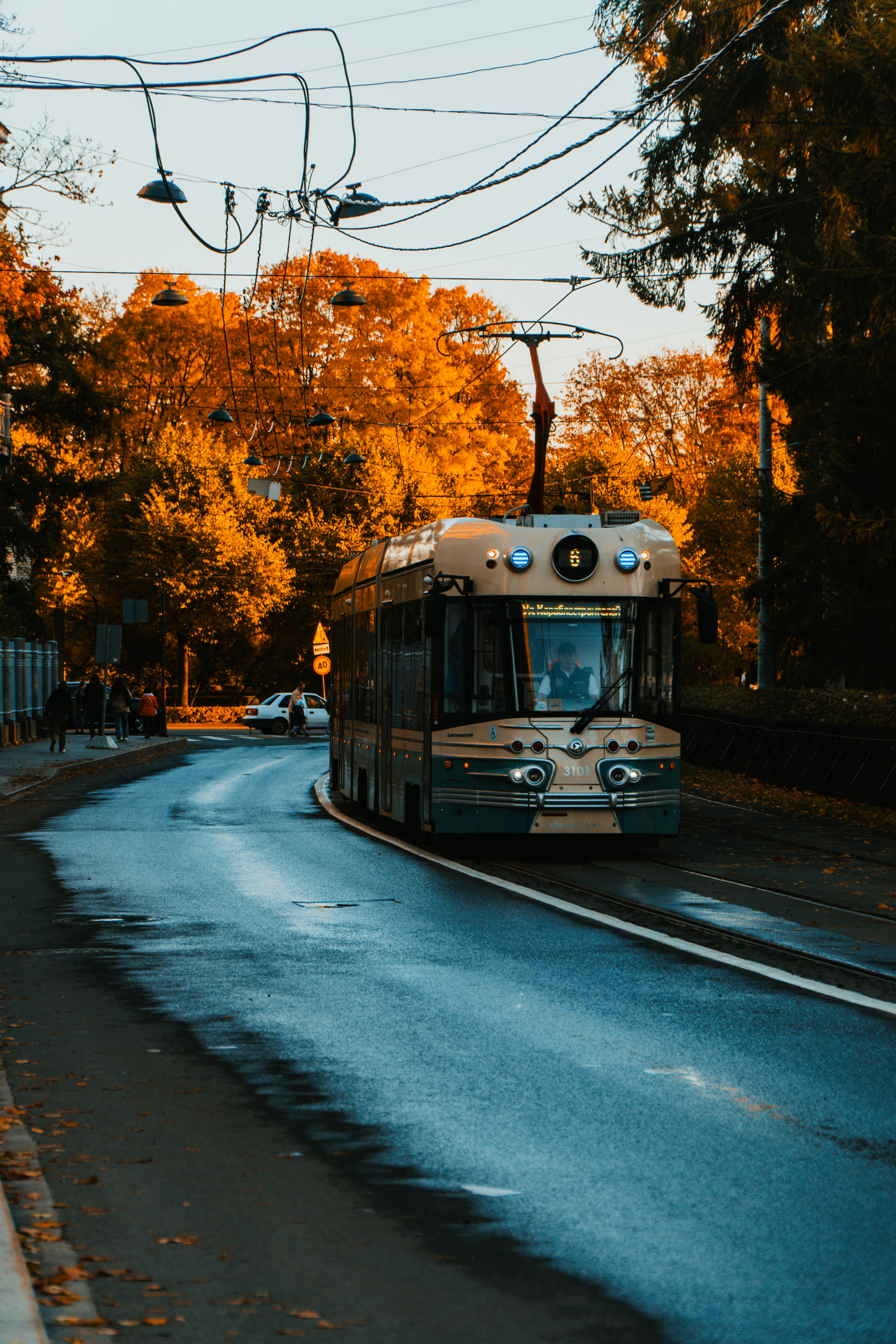 Un trolleybus roule dans une rue humide en automne.