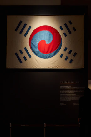 A korean flag illuminated in a dark room.