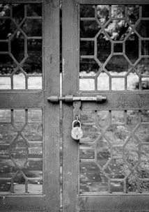A locked metal gate with ornate glass panels