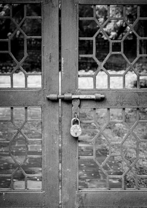 Locked metal gate with ornate glass panels