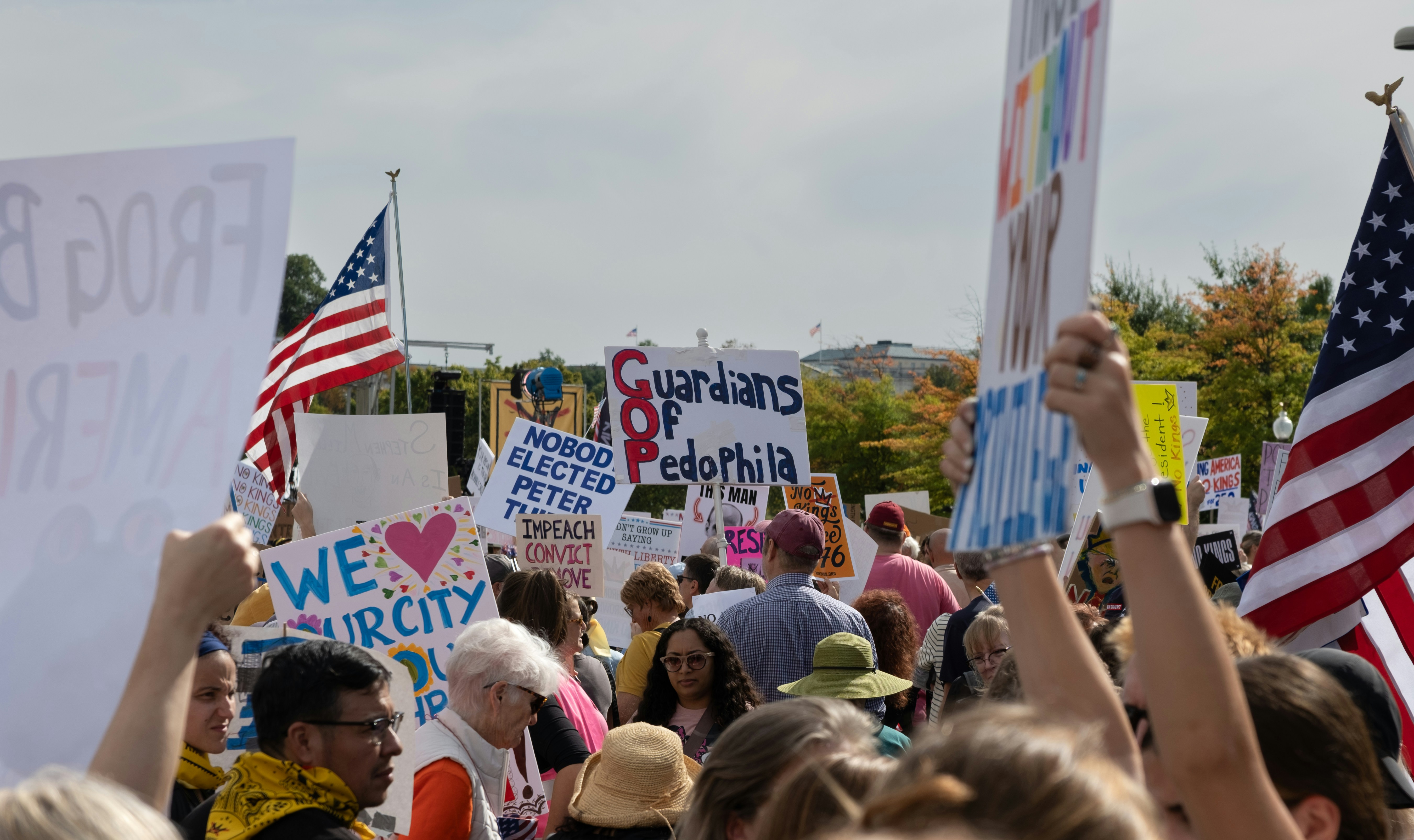 Crowd holding signs and american flags at a rally